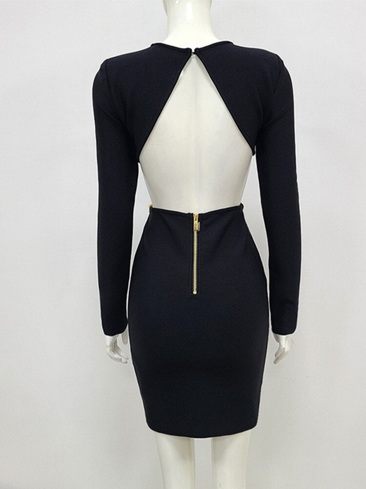 New Women Luxury Sexy Long Sleeve Hollow Out Gold Chain Black Mini Bodycon Bandage Dress 2022 Elegant Evening Club Party Dress - kmtell.com