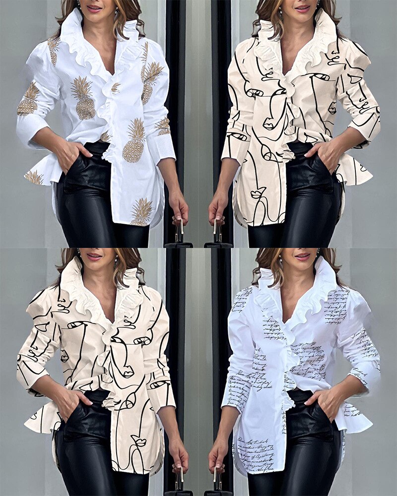 Spring Summer Fashion Print Women Shirts Ruffles Neck Long Sleeve Office Ladies Shirt 2023 Elegant Button Blouses Long Tops - kmtell.com
