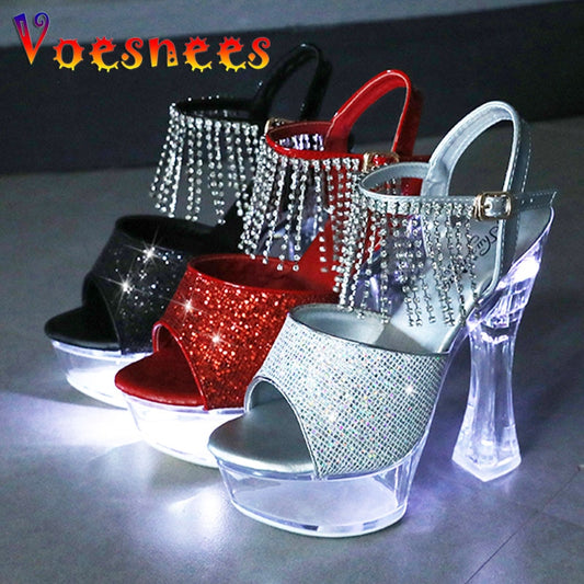 Summer Sexy 14CM High Heels Woman Shoes Bling Diamond Tassels Sandals For Women Nightclub Transparent LED Light Up Luminous Shoe - kmtell.com