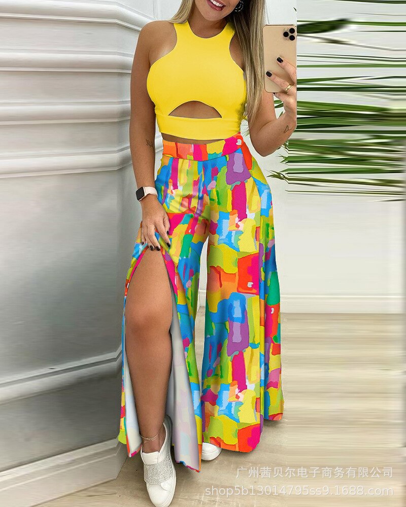 Two Piece Sets Womens Outifits 2022 Summer New Fashion Round Neck Sleeveless Short Top &amp; Contrast Color Split Wide Leg Pants Set - kmtell.com