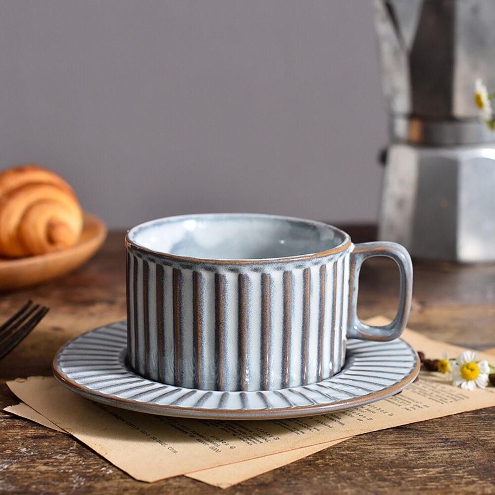Vintage Coffee Mug Retro Style Ceramic Cups with Tray 200ml Kiln Change Clay Breakfast Dessert Bread Cup Unique Gift for Friends - kmtell.com