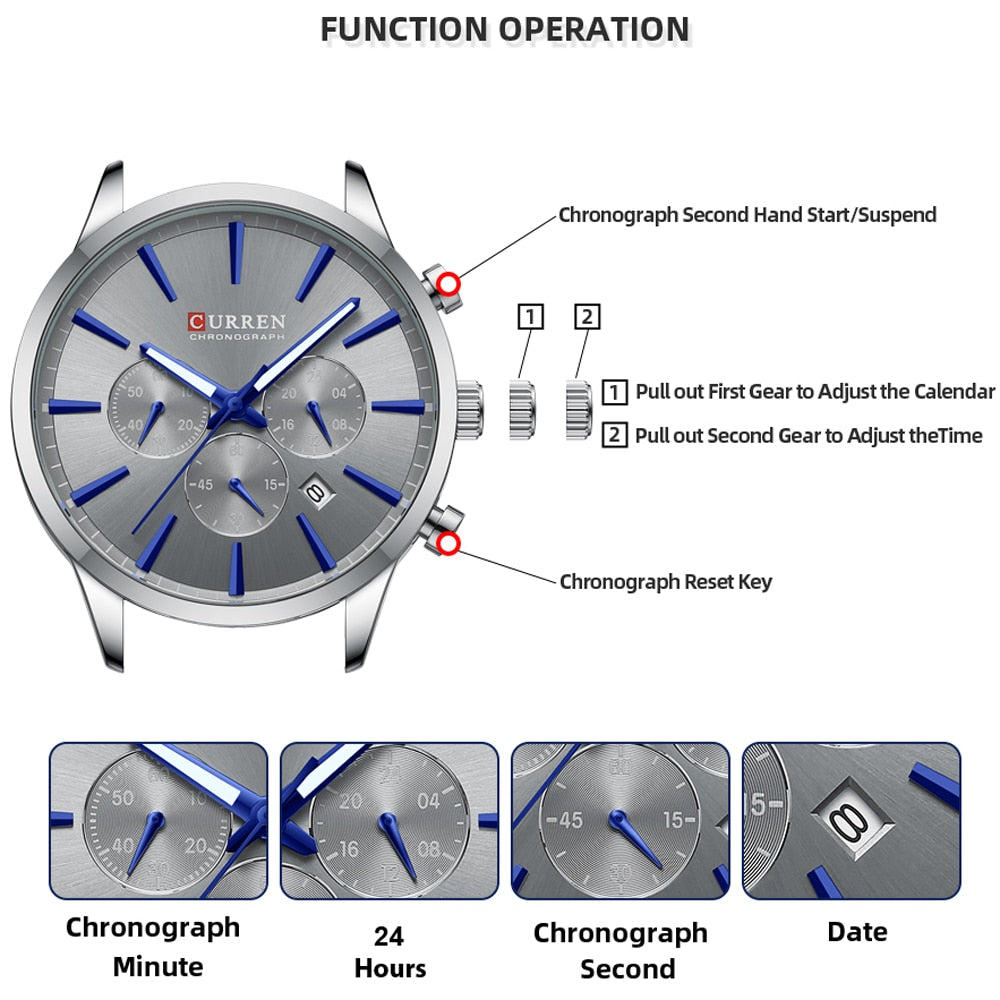 CURREN Quartz Watches for Men New Fashion Stainless Steel Strap Male Wristwatches with Luminous Hands Chronograph Sports Clock - kmtell.com