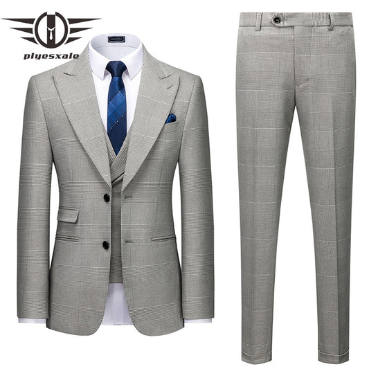 Plyesxale Gray Plaid Suits For Men High Quality Three Piece Mens Wedding Suits Prom Party Dress Dinner Christmas Suit Male Q1117 - kmtell.com