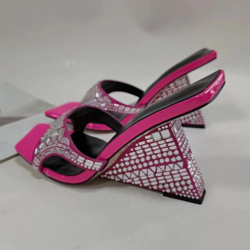 Pink Rhinestone Sandals Woman Open Toe Diamond Strange High Heels Wedges Shoes For Women Sexy Mules Slippers - kmtell.com