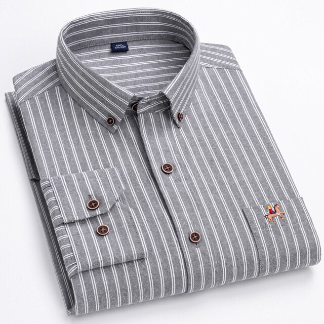 Fashion Men&#39;s Long Sleeve Casual 100% Cotton Striped Oxford Shirt with Embroidered Chest Pocket Standard-fit Button-down Shirts - KMTELL