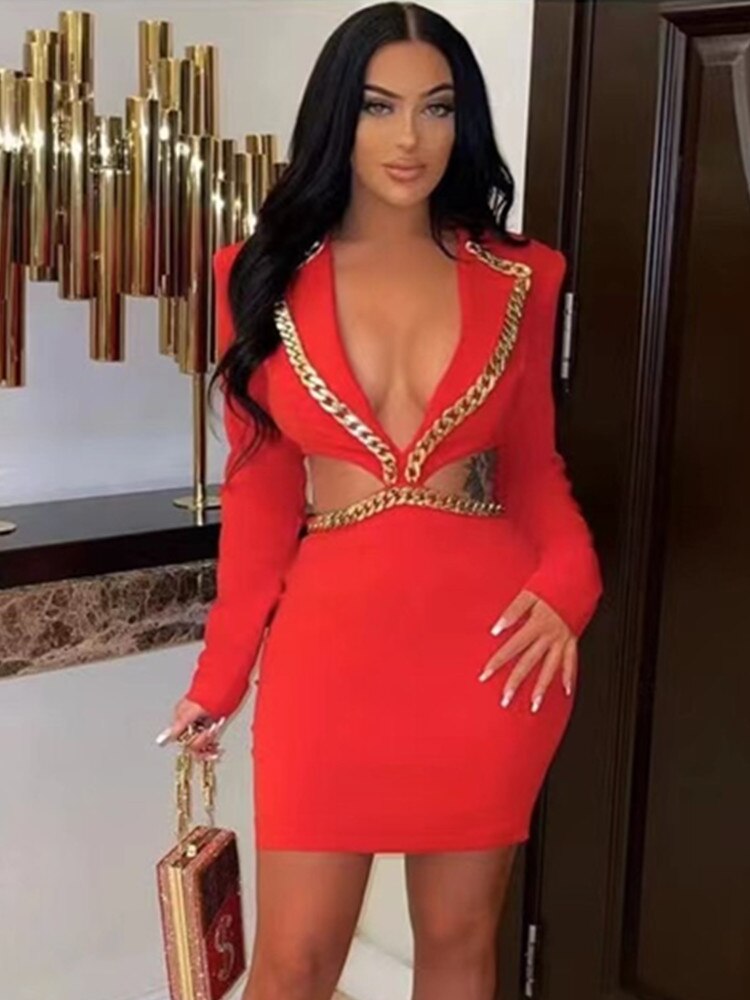 New Women Luxury Sexy Long Sleeve Hollow Out Gold Chain Black Mini Bodycon Bandage Dress 2022 Elegant Evening Club Party Dress - kmtell.com