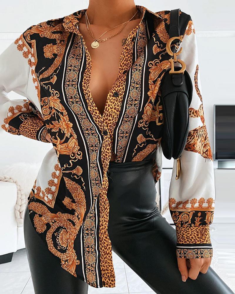 Baroque Leopard Print Casual Shirt Women Turn-down Collar Long Sleeve Casual Blouse Tops Streetwear - kmtell.com