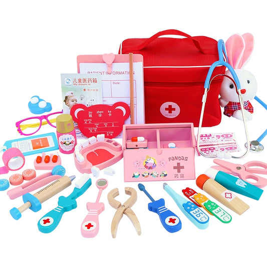 Doctor Toys for Children Set Kids Wooden Pretend Play Kit Games for Girls Boys Red Medical Dentist Medicine Box Cloth Bags - kmtell.com