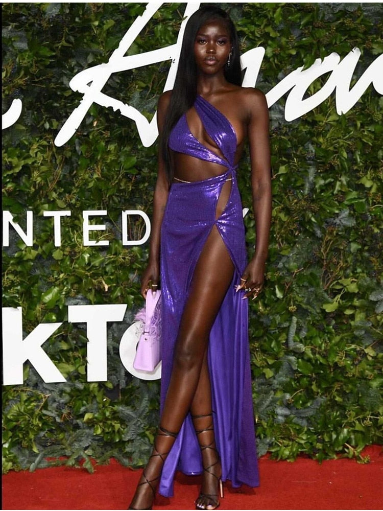 Women Summer Sexy Key Hole One Shoulder Purple Mesh Sequins Split Maxi Long Bodycon Dress 2022 Elegant Evening Club Party Dress - kmtell.com