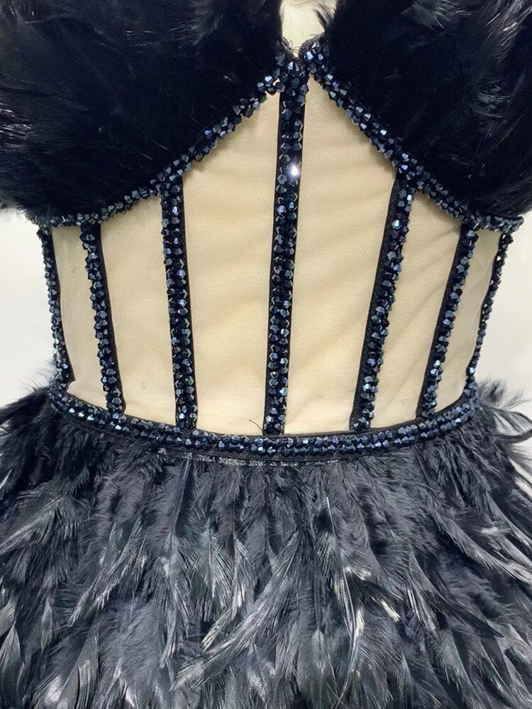 New Luxury Sexy Strapless Diamonds Black Feather Maxi Long Women Dress 2022 Celebrity Designer Evening Club Party Dress Vestido - kmtell.com