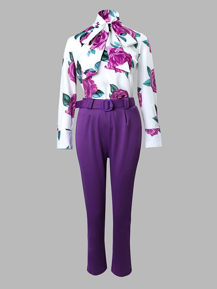 Floral Print Tie Neck Top &amp; Pants Set With Belt - kmtell.com