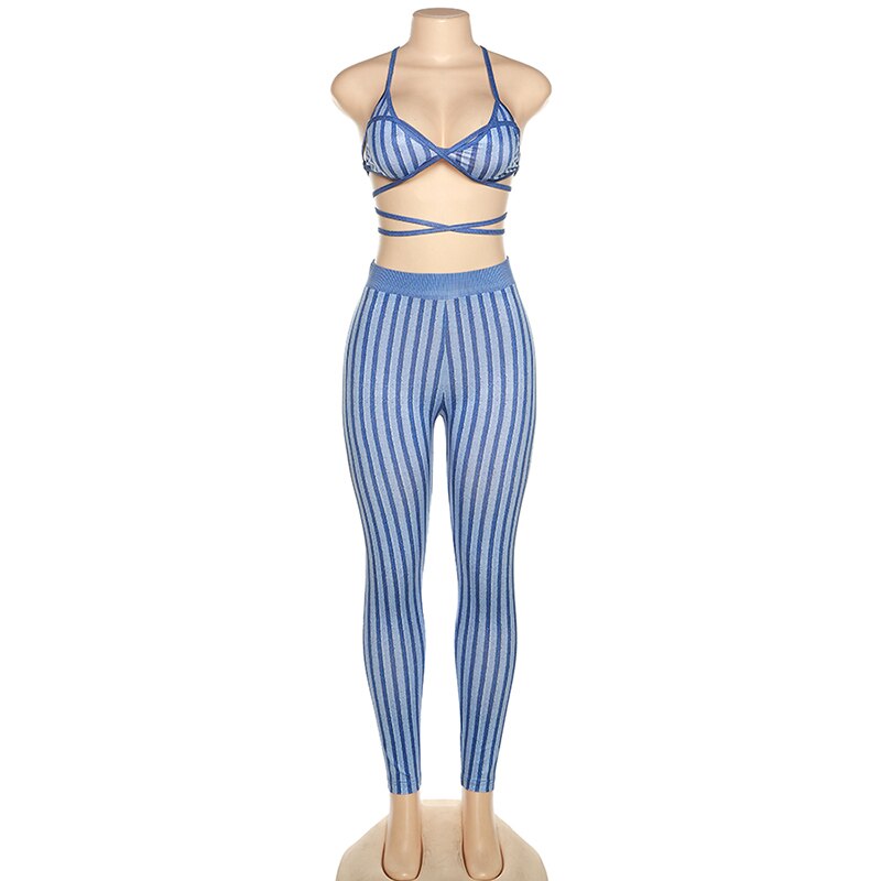 Two Piece Set Striped Print  Women Sexy V-neck Bandage Backless Bra Tops+Mid Waist Stretchy Sheath Pants High Street Outfit - kmtell.com
