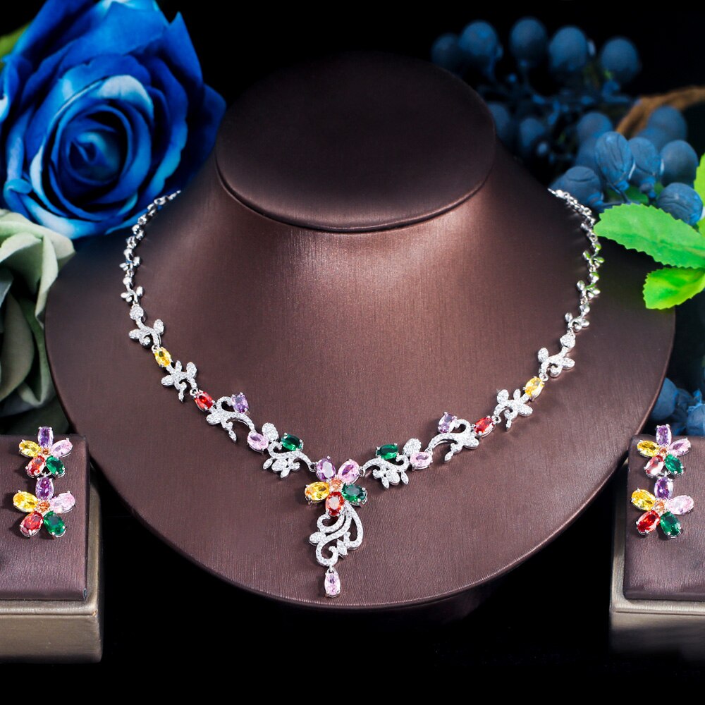 ThreeGraces Delicate Colorful Flower Necklace Earrings Cubic Zirconia Elegant Bridal Wedding Party Jewelry Set for Women TZ685 - kmtell.com