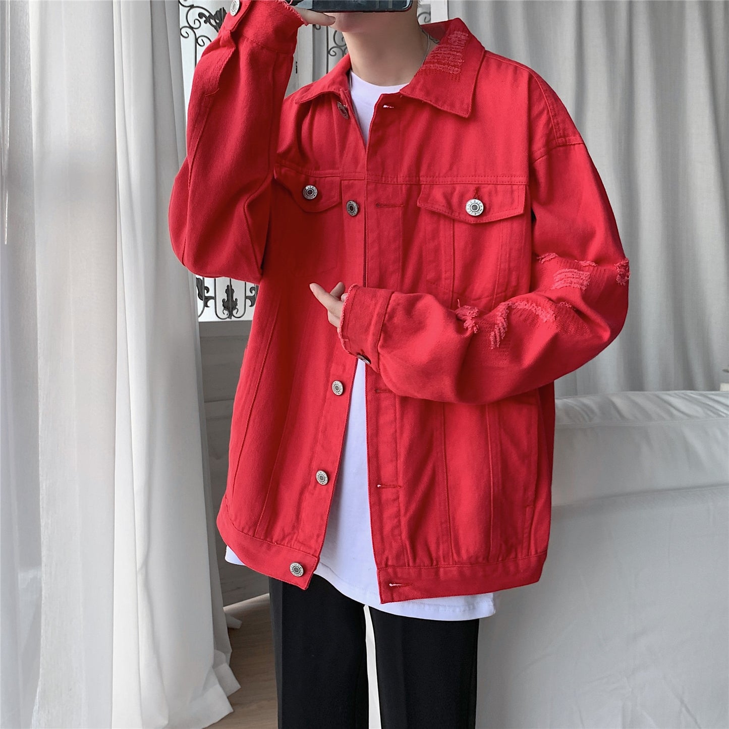Spring Autumn New Men&#39;s Jean Jacket Slim Fit Cotton Denim Jacket Red White Black Ripped Hole Jean Coats Men Outwear Plus size - KMTELL