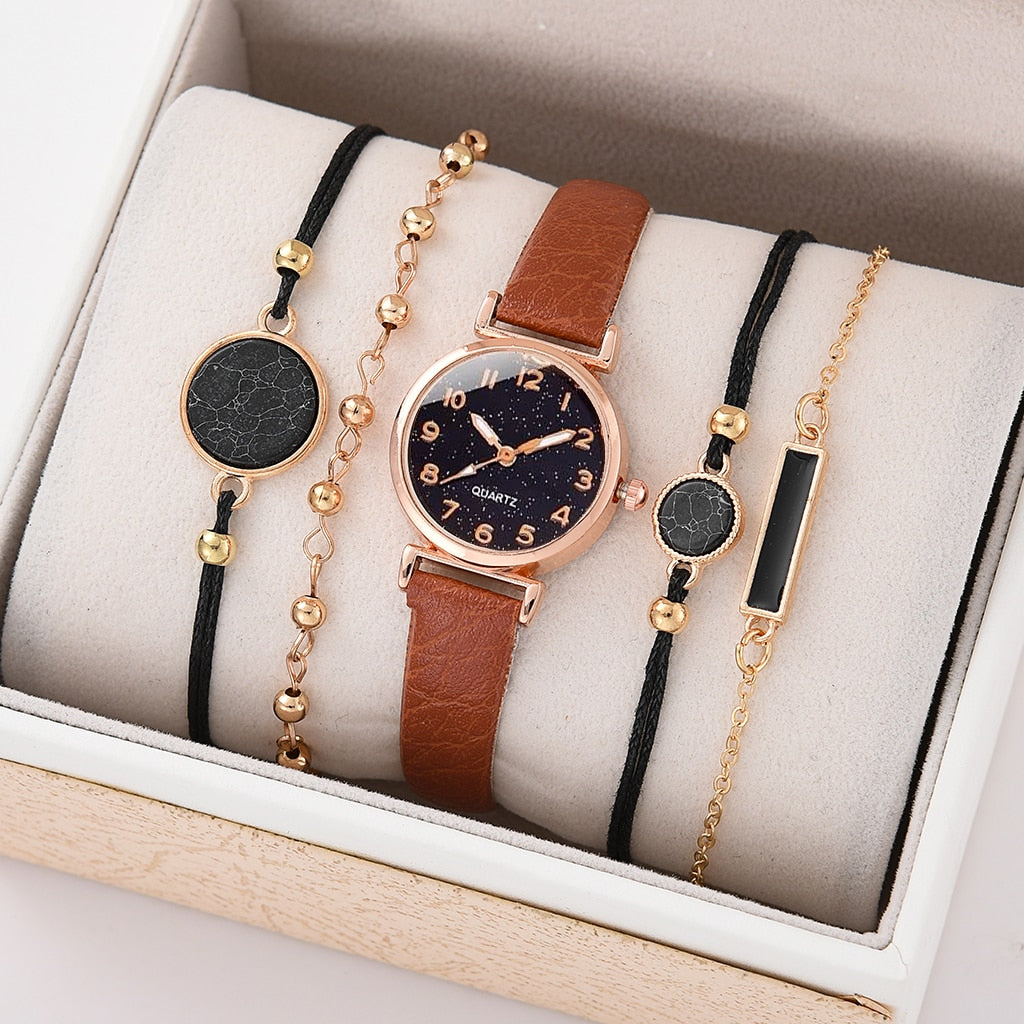 5/2PCS Watch Set For Women Luxury Leather Analog Ladies Quartz Wristwatch Fashion Bracelet Watch 2022 Relogio Feminino New Top - kmtell.com