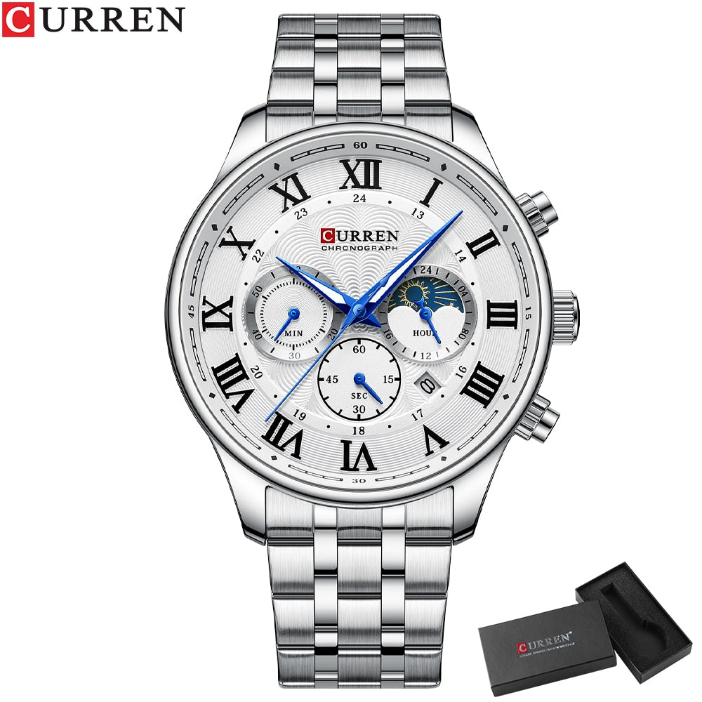 CURREN Fashion Sports Chronograph Wristwatches for Men Stainless Steel Strap Watches with Auto Date - kmtell.com