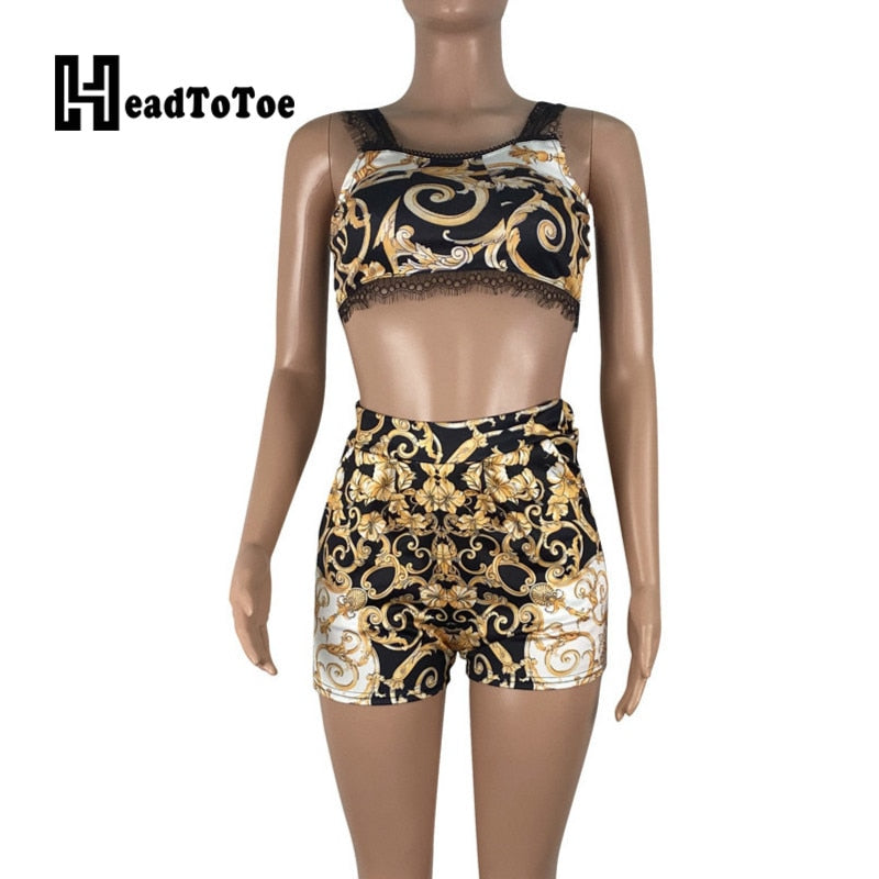 Fashion Print Cami Top &amp; Short Sets Summer 2 Piece Outfits for Women Sexy V Neck Thick Strap Crop Tops and High Waist Shorts Set - kmtell.com