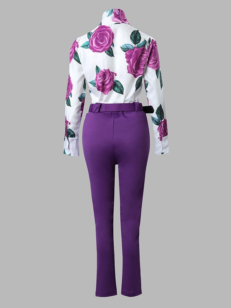 Floral Print Tie Neck Top &amp; Pants Set With Belt - kmtell.com