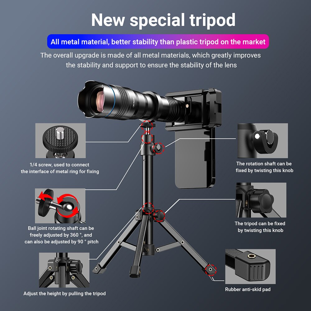 APEXEL New 36X Powerful Telephoto Lens 4K HD Monocular Telescope With Tripod Universal Phone Clip Zoom Lenses For Smartphones - kmtell.com
