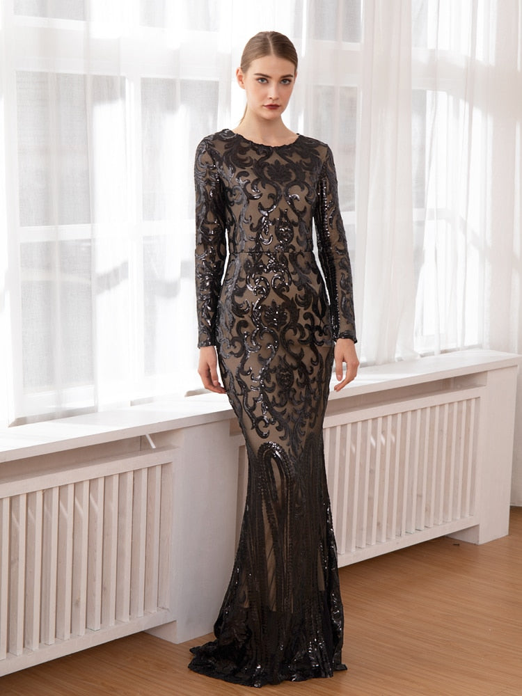 Gold Elegant Full Sleeved O Neck Sequined Evening Party Dress Stretch Floor Length Lining Bodycon Burgundy Black Maxi Dress - kmtell.com
