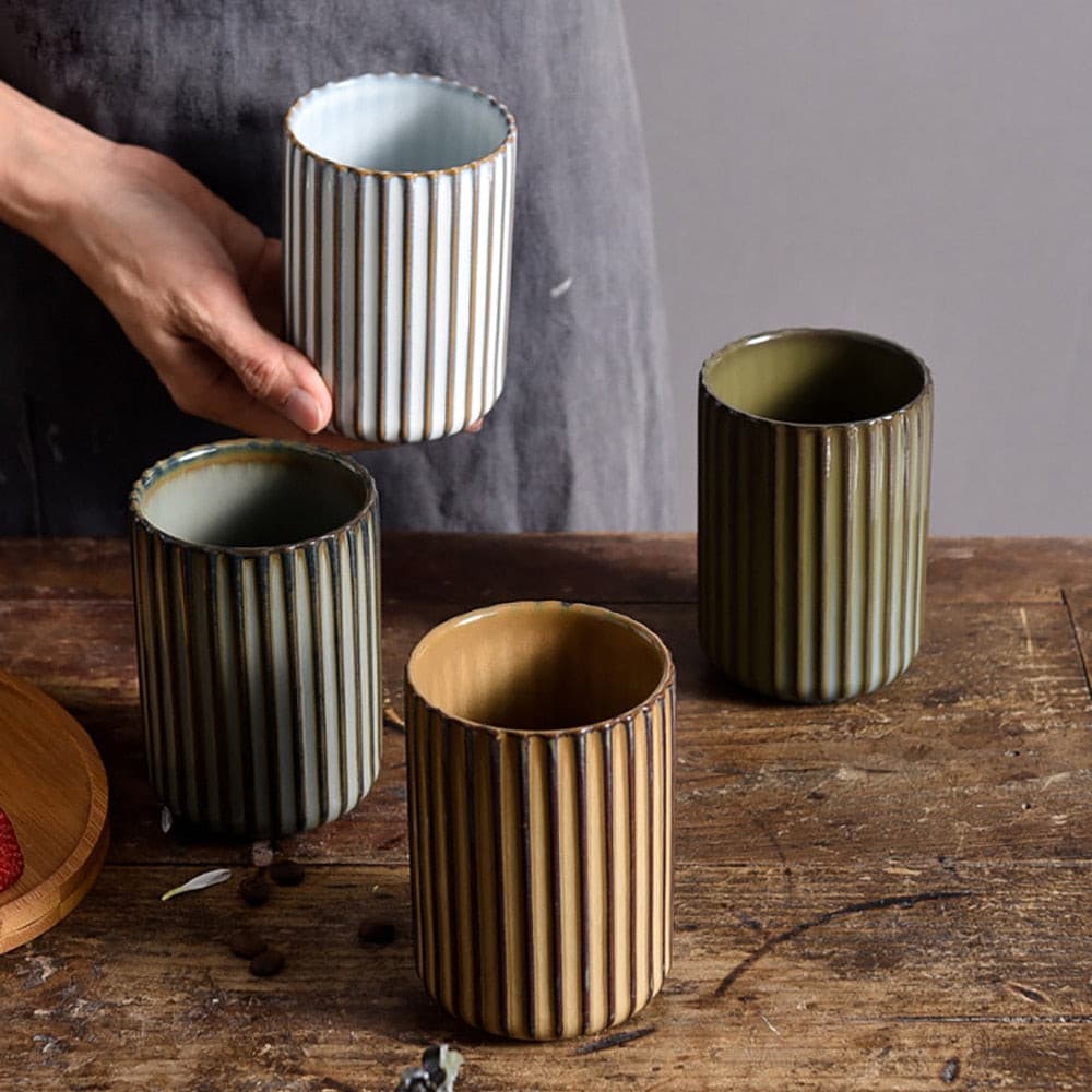Vertical Striped Ceramic Exquisite Teacup 300ml Sake Sushi Sake Coffee Mug Family Restaurant Dinnerware Wholesale Cups - KMTELL