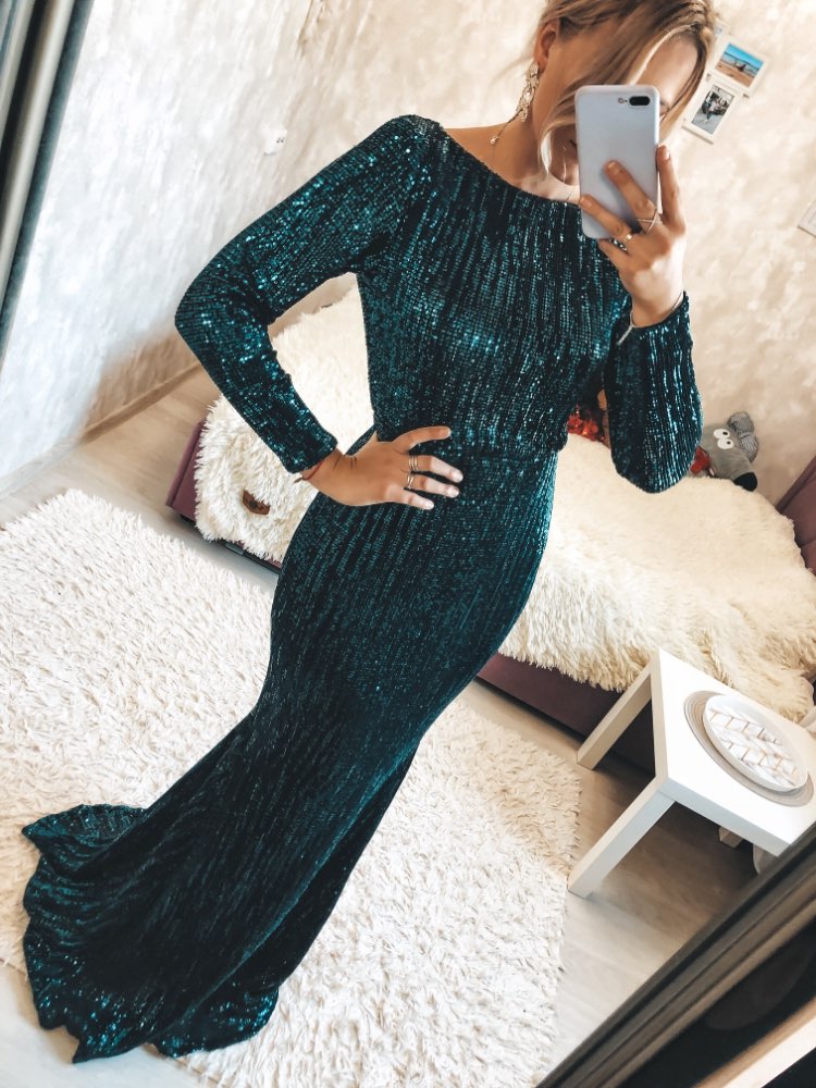 Elegant O Neck Long Sleeve Sequin Maxi Dress Floor Length Stretchy Bodycon Party Dress Gold Green Burgundy Red - kmtell.com
