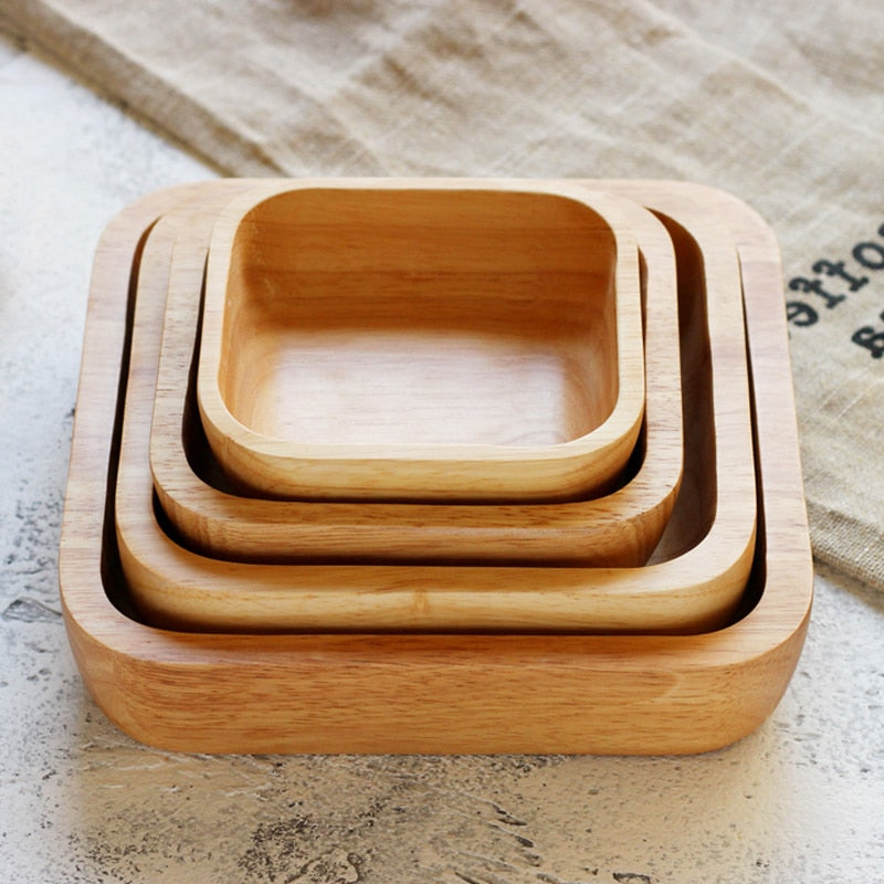 1Pc Square Wood Bowl 4 Size Fruit Salad Bowl Large Small Wooden Plate Snack Dessert Serving Dishes Food Container Wood Tableware - kmtell.com