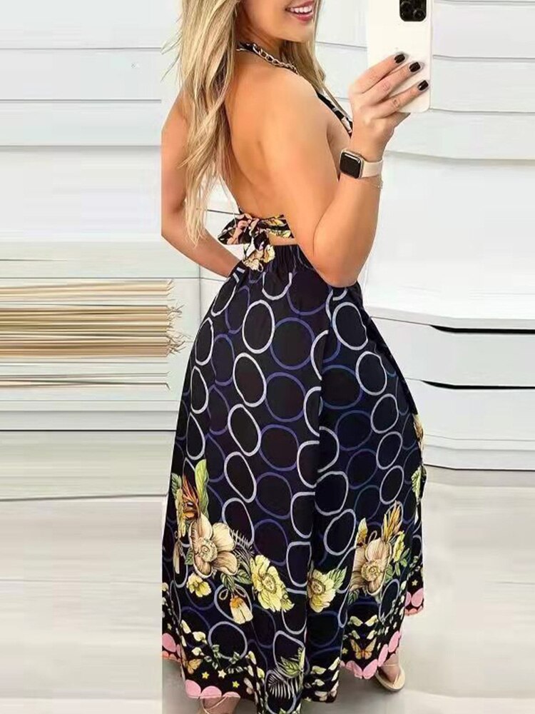 Multi Print Sexy Backless Halter Crop Tops &amp; Maxi Skirts Set Women Summer Two Piece Set Outfits - kmtell.com