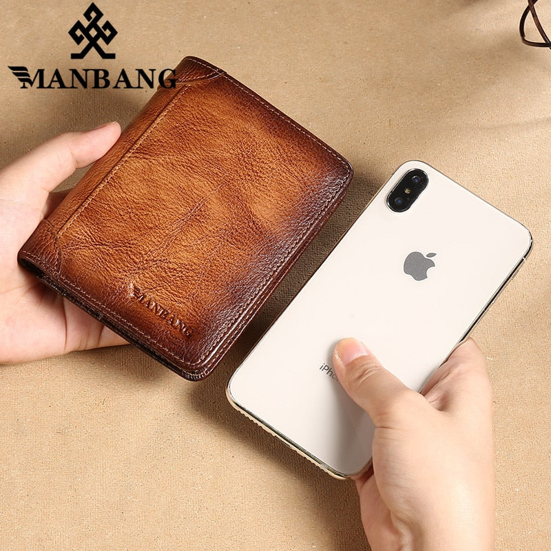 Manbang Men&#39;s Wallets RFID Genuine Leather Trifold Wallets For Men with ID Window and Credit Card Holder - kmtell.com