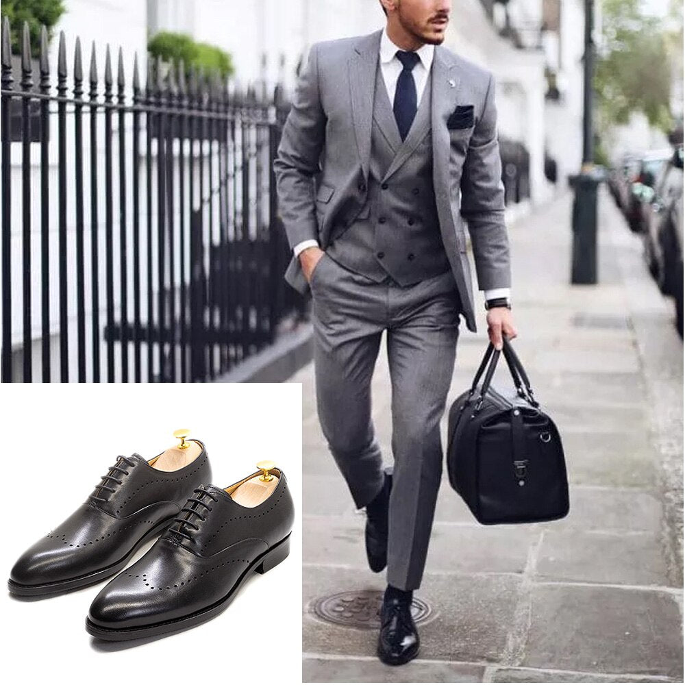 Italian Luxury Men&#39;s Dress Shoes Calf Genuine Leather Lace-Up Wingtip Black Oxford Farmal Business Office Classic Shoe for Men - kmtell.com