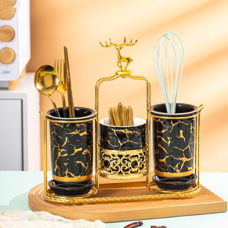 Luxury Modern Ceramic Drain Rack Gold Deer Chopsticks Wall Mounted Cage Multifunctional Chopsticks Kitchen Shelf Supplies - kmtell.com