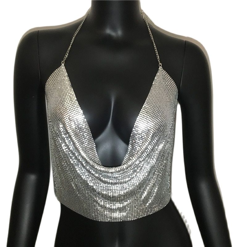 AKYZO Women 2023 Sexy Metal Sequined Tank Camis Summer Gold Silver Backless Cropped Glitter Beach Club Show Wear Tank Tops - kmtell.com