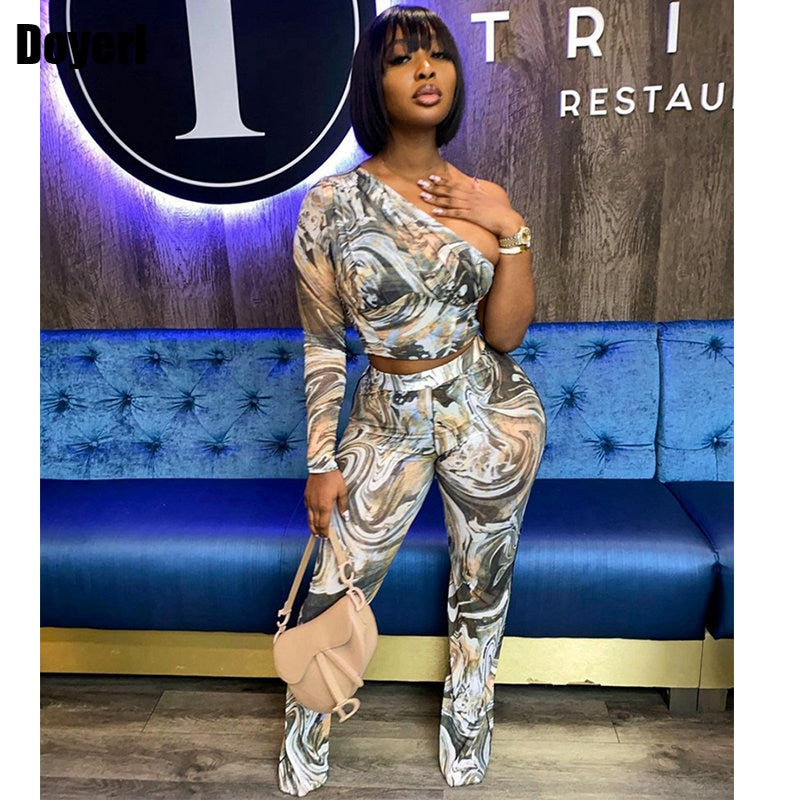 Fall Spring 2022 Two 2 Piece Set Women Outfits Co Ord Set Women Going Out One Shoulder Crop Top and Pants Suit Matching Set Club - kmtell.com
