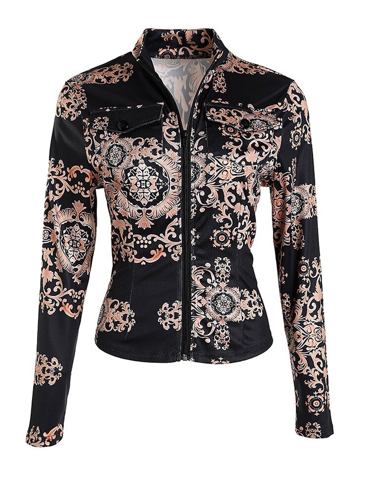 Baroque Print Zip Up Long Sleeve Shirt Tops Women - kmtell.com