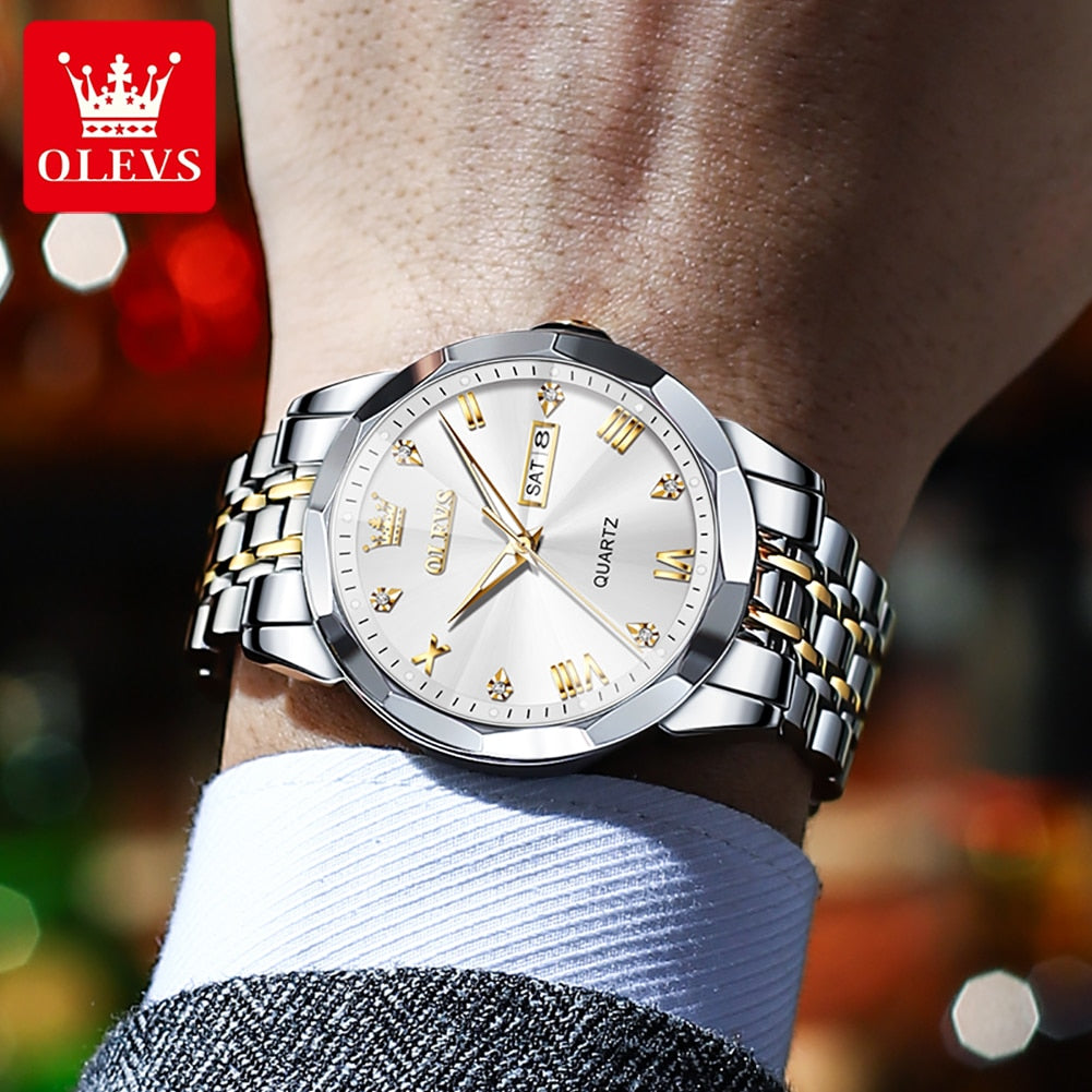 OLEVS Men&#39;s Watches Rhombus Mirror Original Quartz Watch for Man Waterproof Luminous Stainless Steel Wristwatch Male Date Week - kmtell.com