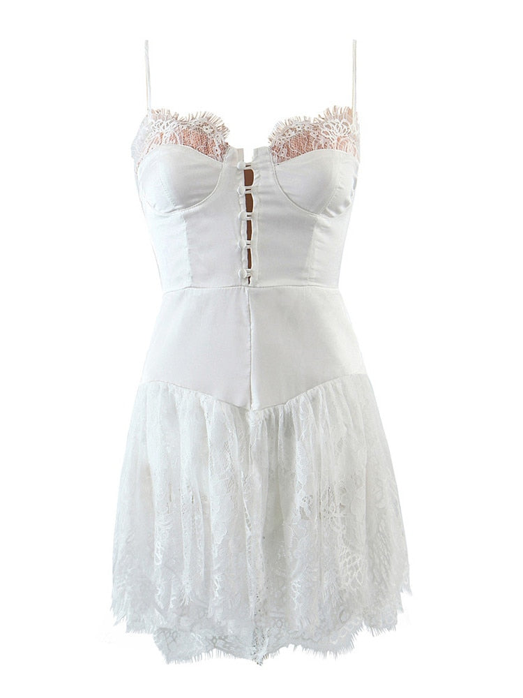 2022 Sexy Solid White Stitching Lace Bra Corset style Spaghetti Strap Mini Dress Women Backless Party Skater Short Sling Robe - kmtell.com
