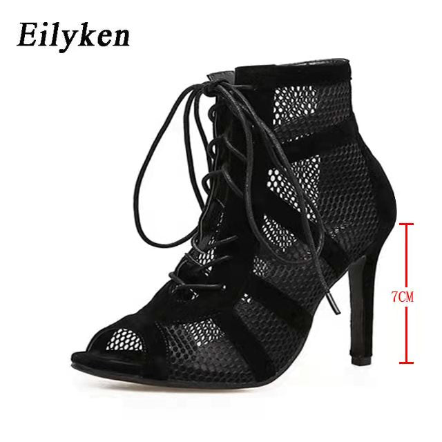 Eilyken 2023 Fashion Black Summer Sandals Lace Up Cross-tied Peep Toe High Heel Ankle Strap Net Surface Hollow Out Shoes - kmtell.com