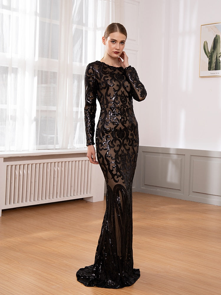 Gold Elegant Full Sleeved O Neck Sequined Evening Party Dress Stretch Floor Length Lining Bodycon Burgundy Black Maxi Dress - kmtell.com