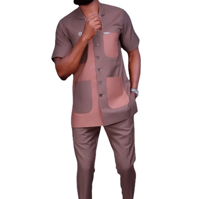 New African Ethnic Style Simple Color Matching Pocket Men&#39;s Fashion Casual Suit - kmtell.com