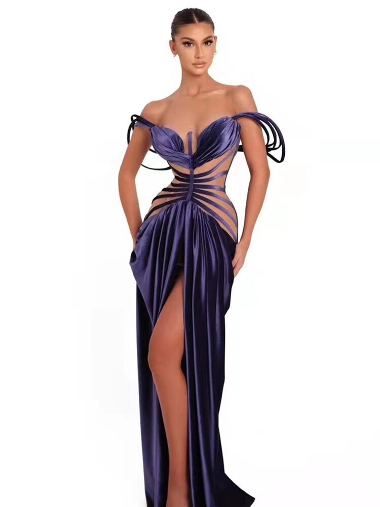 Women Summer Luxury Sexy Off Shoulder Mesh Velvet Blue Maxi Long Dress 2022 Elegant Evening Club Party Dress Vestidos - kmtell.com