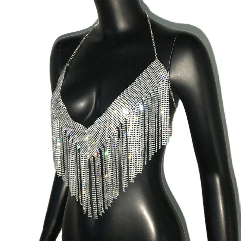 Bling Rhinestones Tassel Party Crop Top Woman Fashion Halter Neck Backless Design Full Diamond Sequins Nightculb Clubwear - kmtell.com