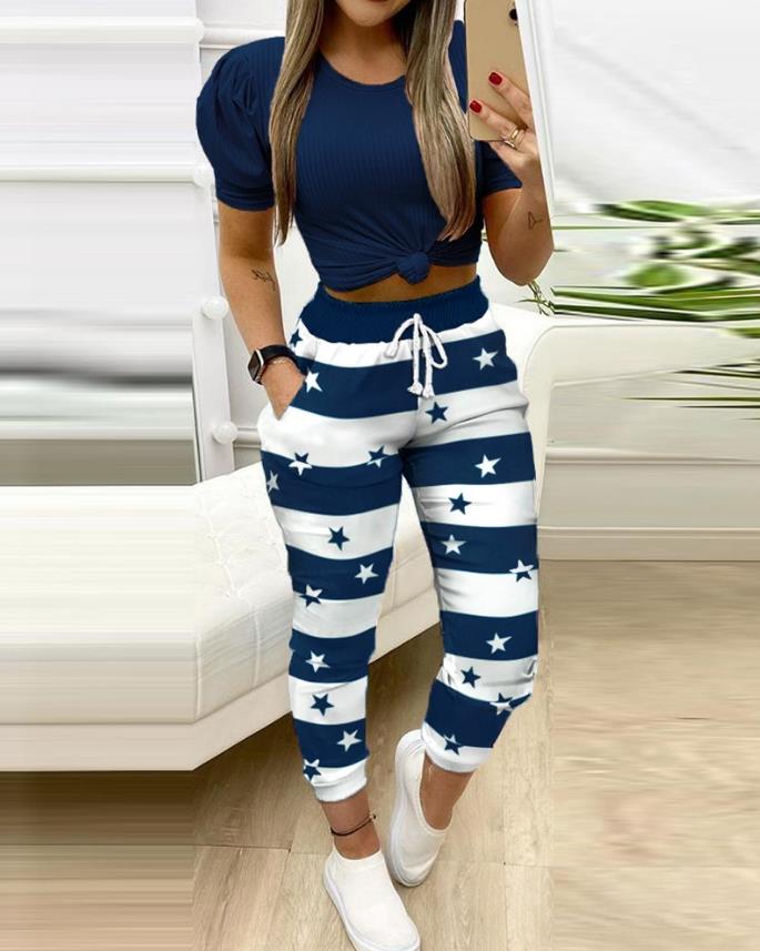 Two Piece Sets Womens Outifits Summer Fashion Puff Sleeve Round Neck Short Sleeve Top &amp; Star Print Colorblock Casual Pants Set - kmtell.com