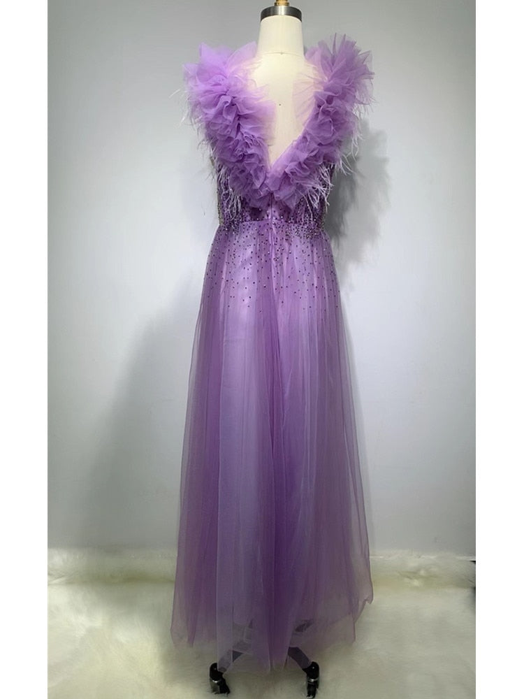 Women Summer Luxury Sexy V Neck Purple Mesh Studded Maxi Long Bodycon Dress 2022 Elegant Evening Club Party Dress - kmtell.com