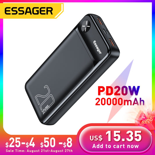 Essager Power Bank 20000mAh External Battery Pack 20000 mAh Powerbank PD 20W Fast Charging Portable Charger For iPhone Poverbank