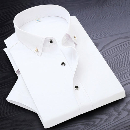 High Quality Non-ironing Men Dress Shirt Short Sleeve New Solid Male Clothing Fit Business Shirts White Blue Navy Black Red - kmtell.com