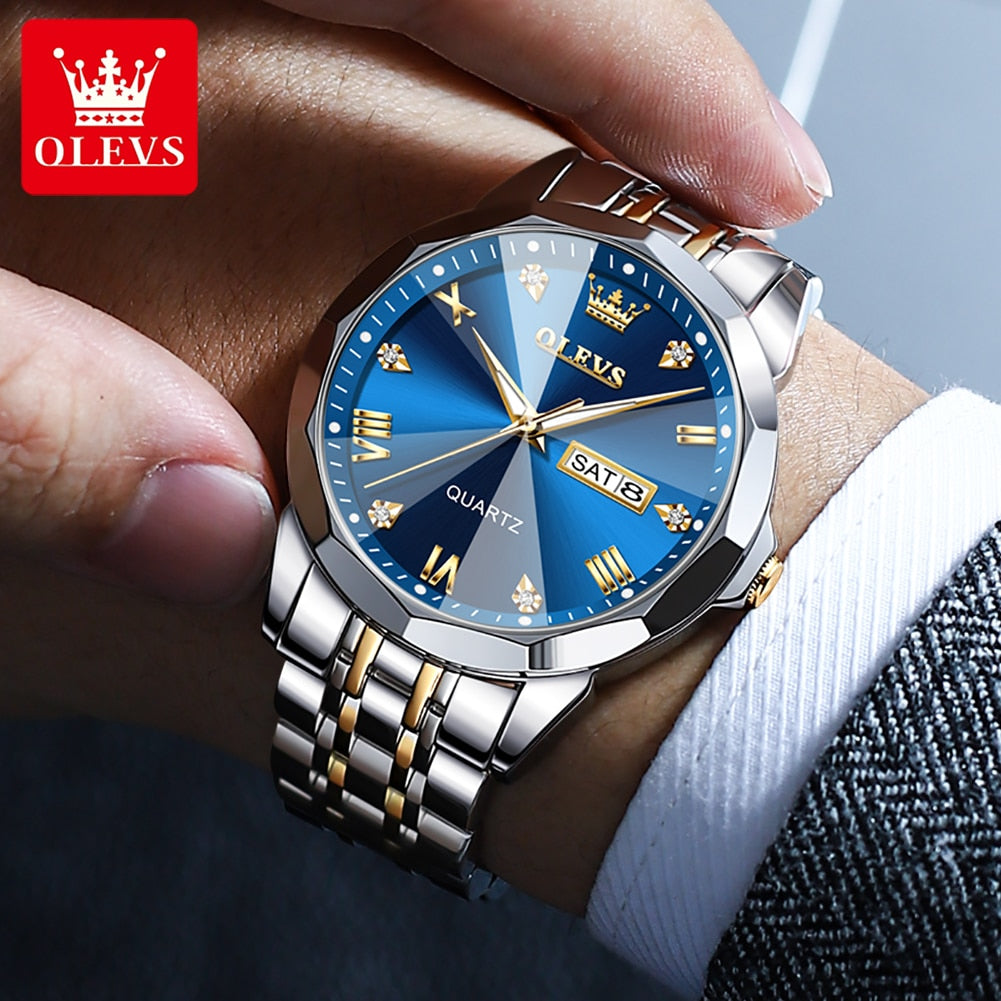 OLEVS Men&#39;s Watches Rhombus Mirror Original Quartz Watch for Man Waterproof Luminous Stainless Steel Wristwatch Male Date Week - kmtell.com