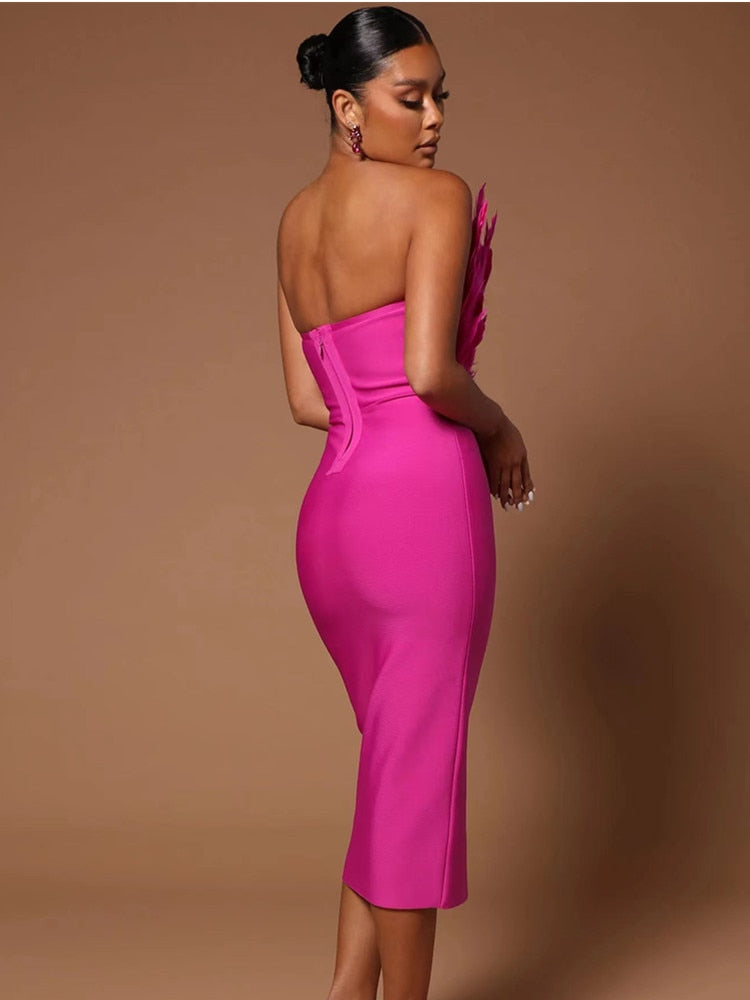 Summer Fashion Women Sexy Strapless Backless Brown Hot Pink Feather Bodycon Bandage Dress 2023 Elegant Evening Club Party Dress - kmtell.com