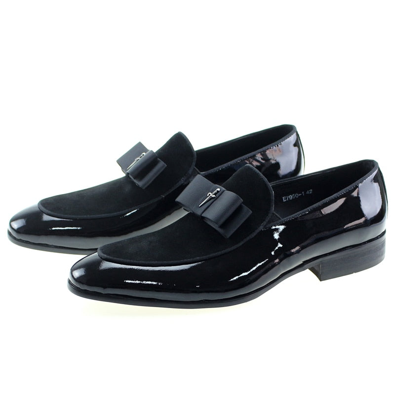 Handmade Mens Loafer Shoes Genuine Patent Leather Suede Patchwork with Bow Tie Wedding Footwear Banquet Dress Shoes for Men - kmtell.com