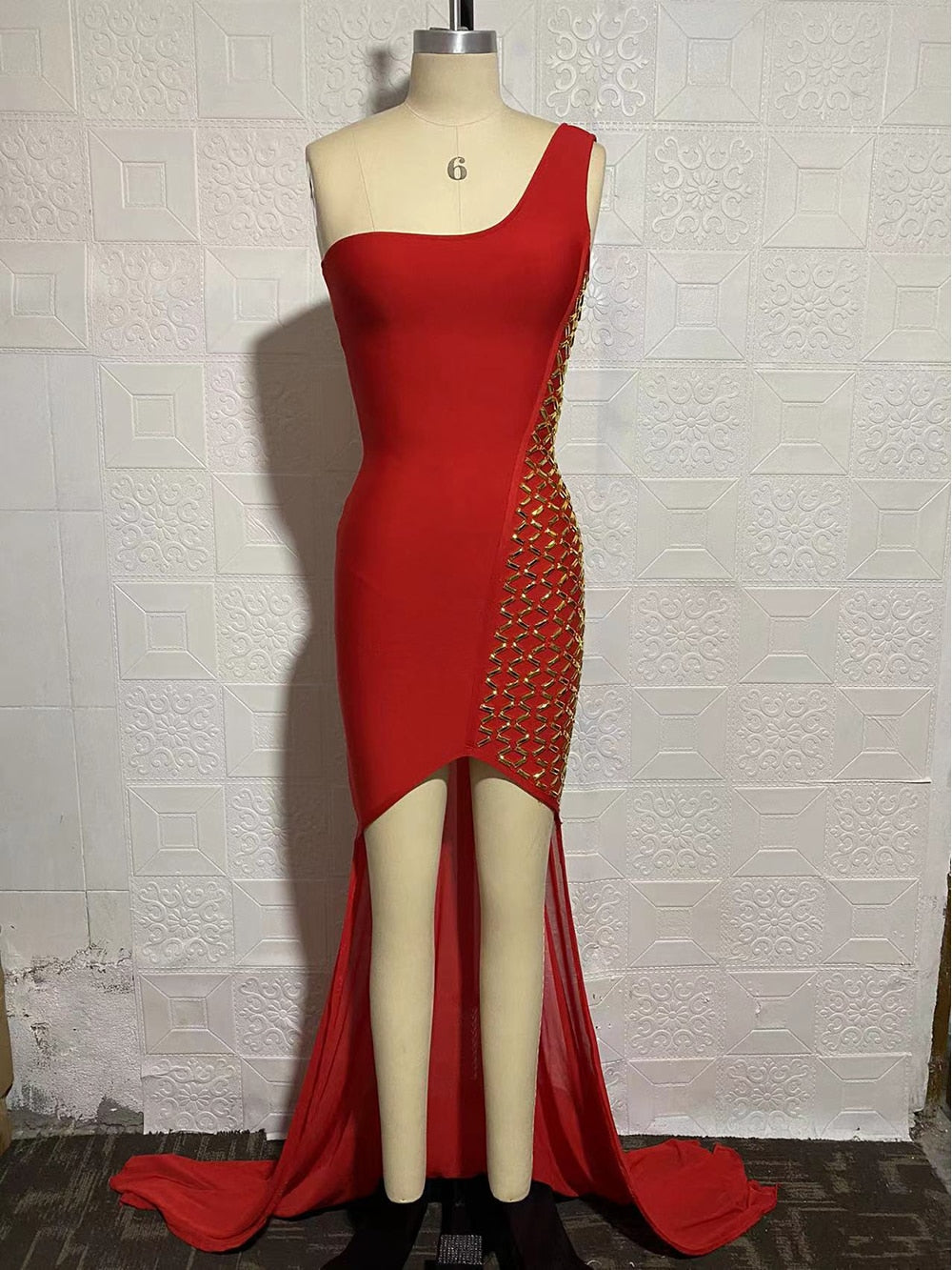 Women Summer Sexy One Shoulder Beading Red Mesh Maxi Long Mermaid Bodycon Bandage Dress 2022 Elegant Evening Club Party Dress - kmtell.com