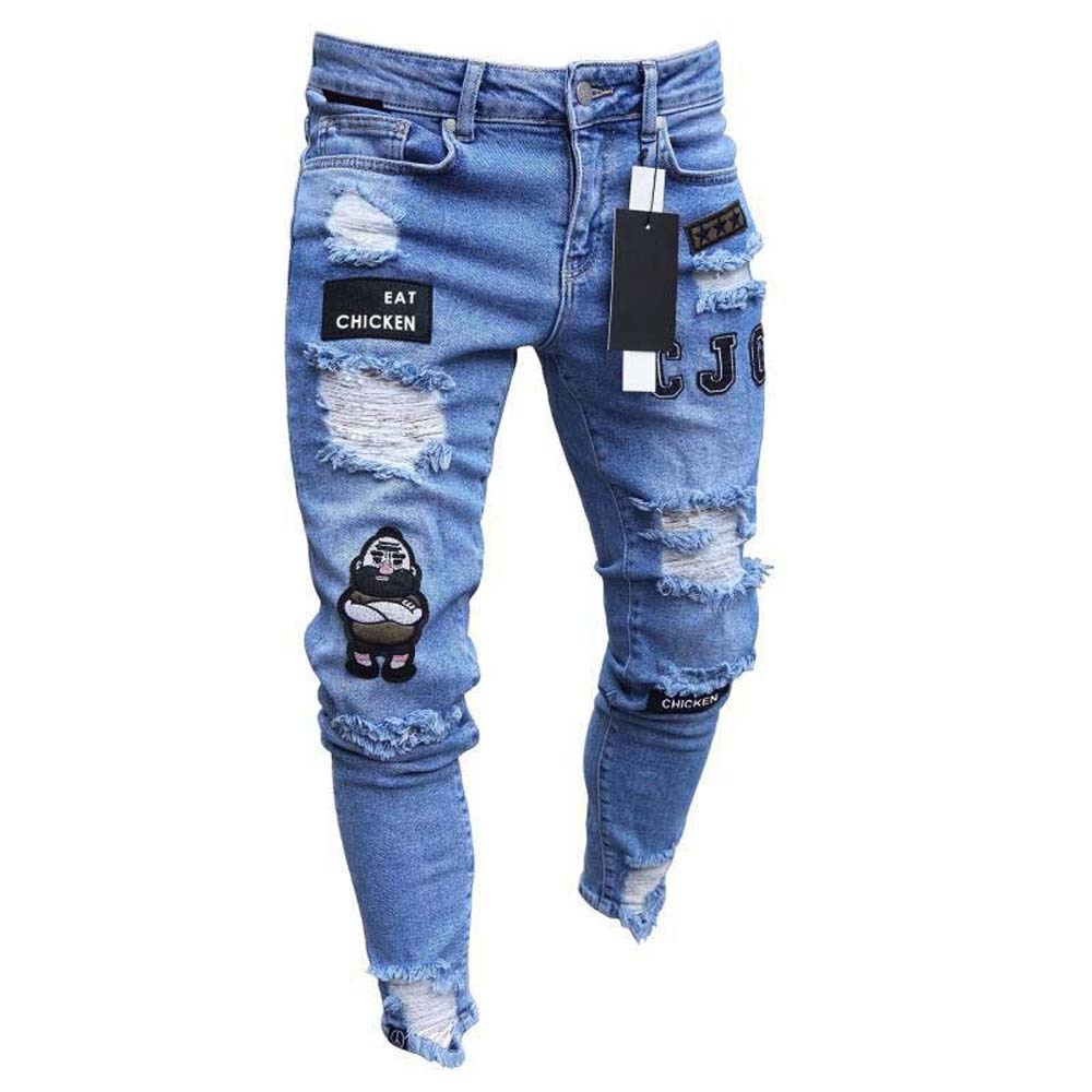 White Embroidery Jeans Men Cotton Stretchy Ripped Skinny Jeans High Quality Hip Hop Black Hole Slim Fit Oversize Denim Pants - kmtell.com